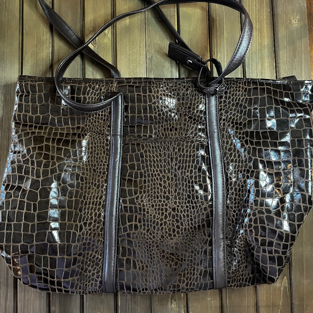 Dennis Basso Home brown tote bag faux leather animal print zip top 19"x15"